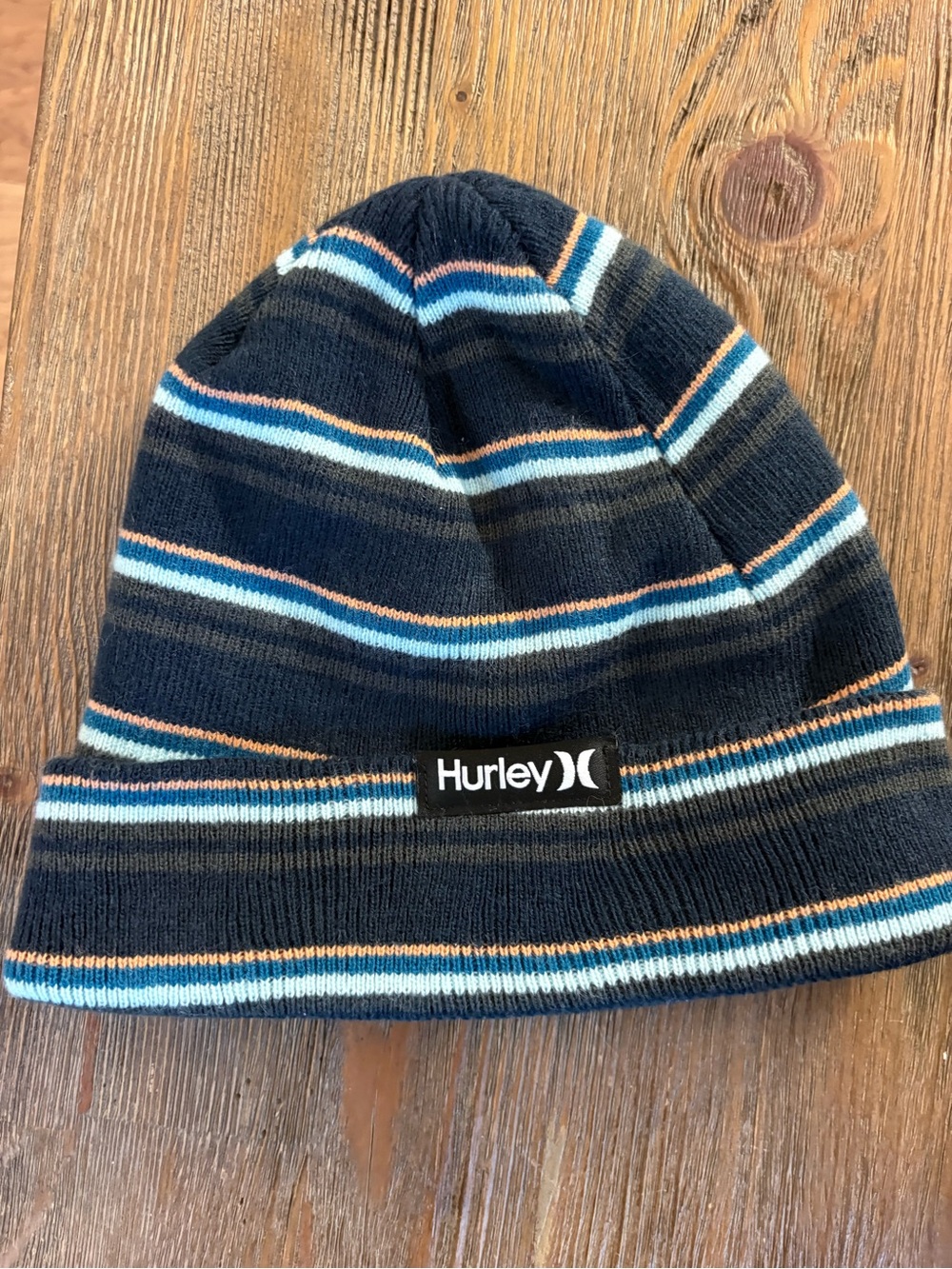 Hurley Youth Beanie Knit Hat Blue Black Orange Striped Fold Over Cuff Winter Cap